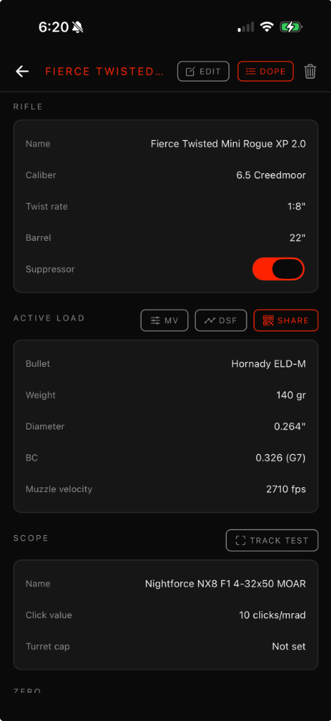 Rifle profile screen